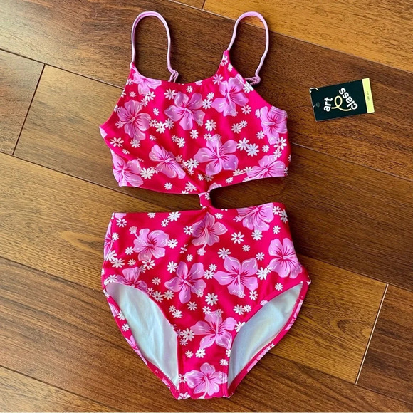 Art Class Girls' Simply Hibiscus One Piece Swimsuit Pink L (10/12) NWT - Picture 2 of 8